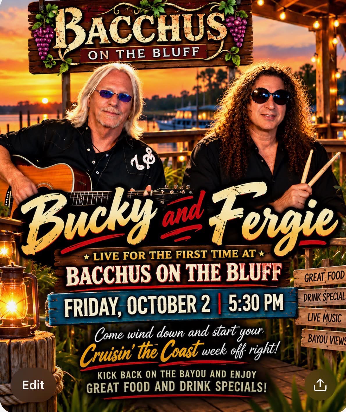Flyer for Bucky and Fergie at Bacchus on the Bluff