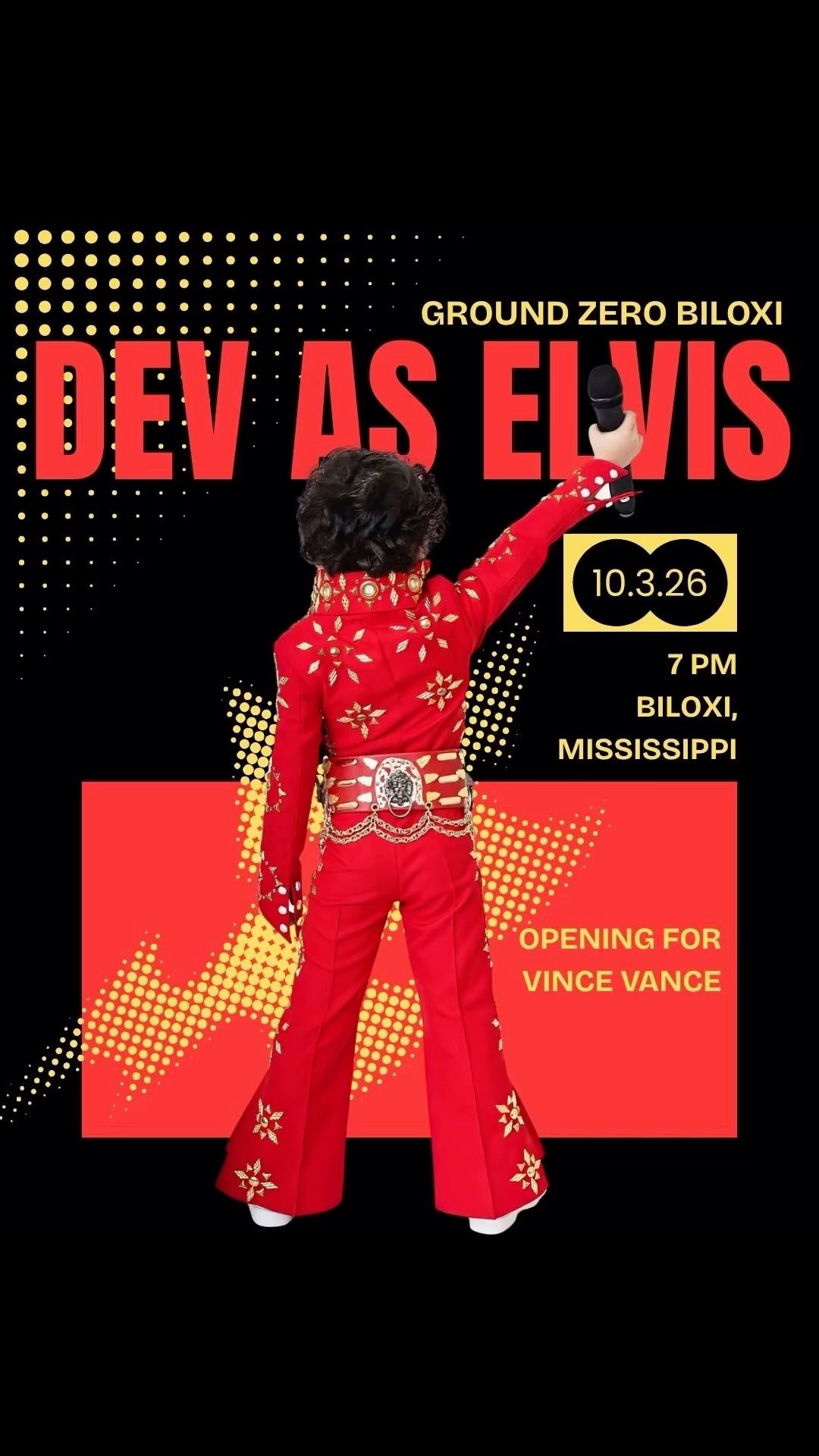 Flyer for Dev as Elvis opens for Vince Vance