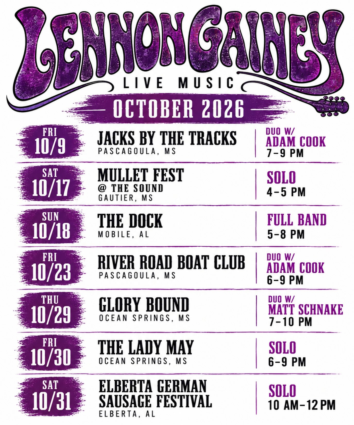 Flyer for Lennon Gainey Live Music - River Road Boat Club